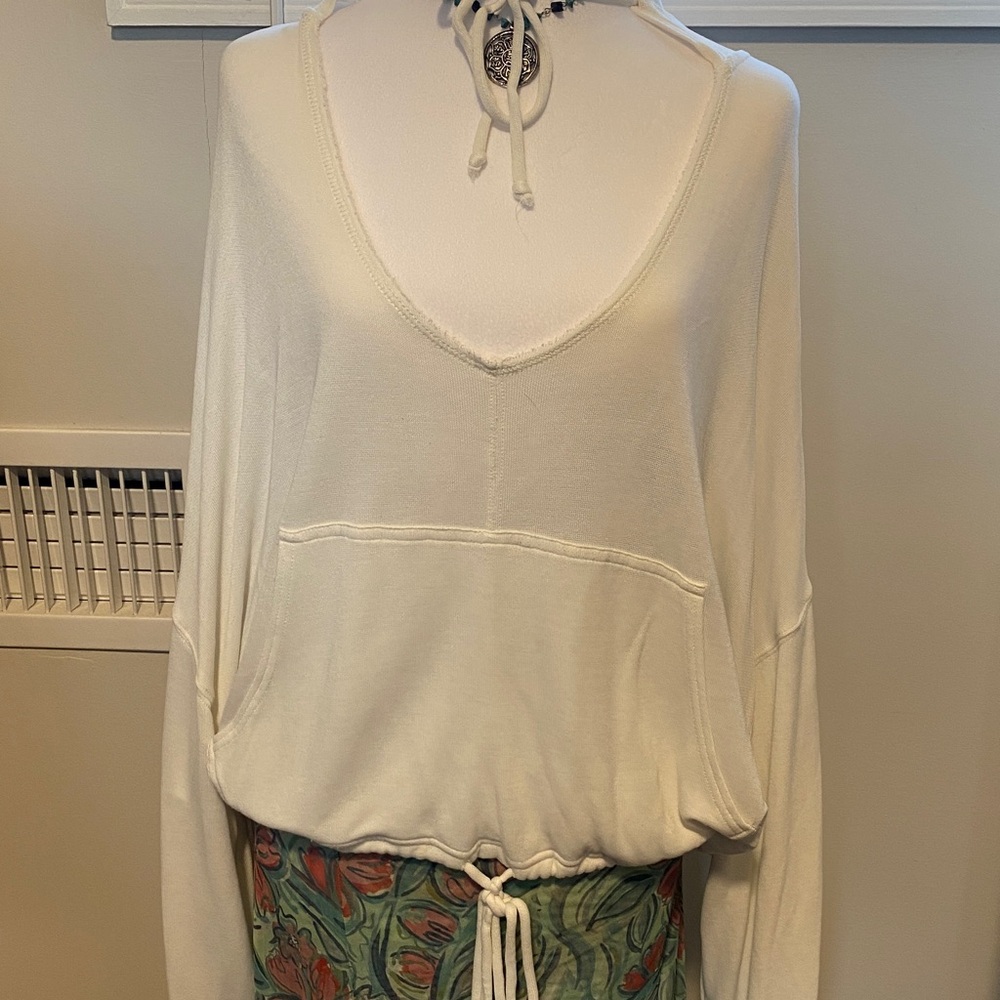 FP Distressed Hooded Sweatshirt with Drawstring Ties on waist on sleeves